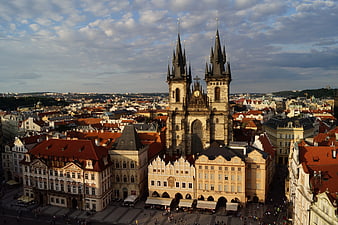 Aerial View of Tyn Church and Old Town Square in Prague