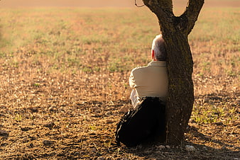 Senior man resting alone under a tree in a field