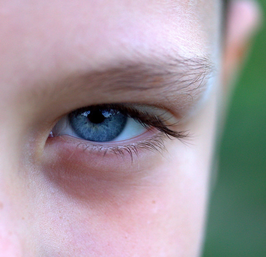 Close-up of a blue eye with natural skin texture