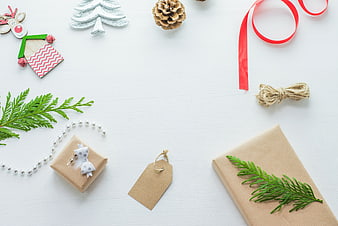 Christmas Gift Wrapping Flat Lay with Ornaments and Copyspace
