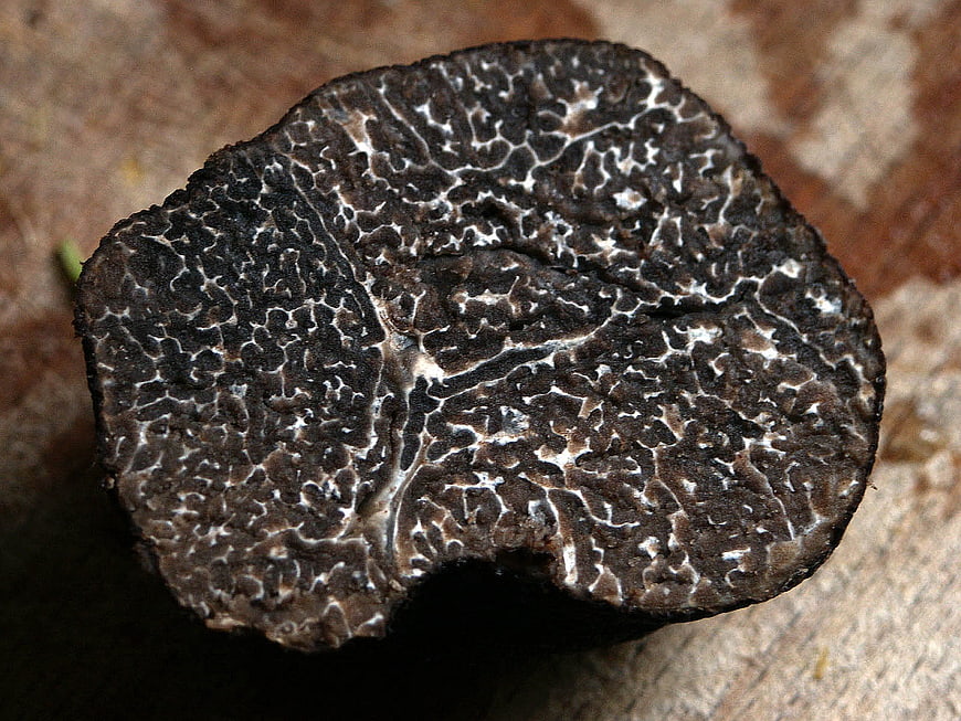 Close-up of sliced black truffle on wooden surface