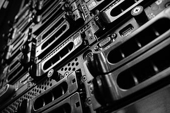 Close-up of server rack hardware in data center