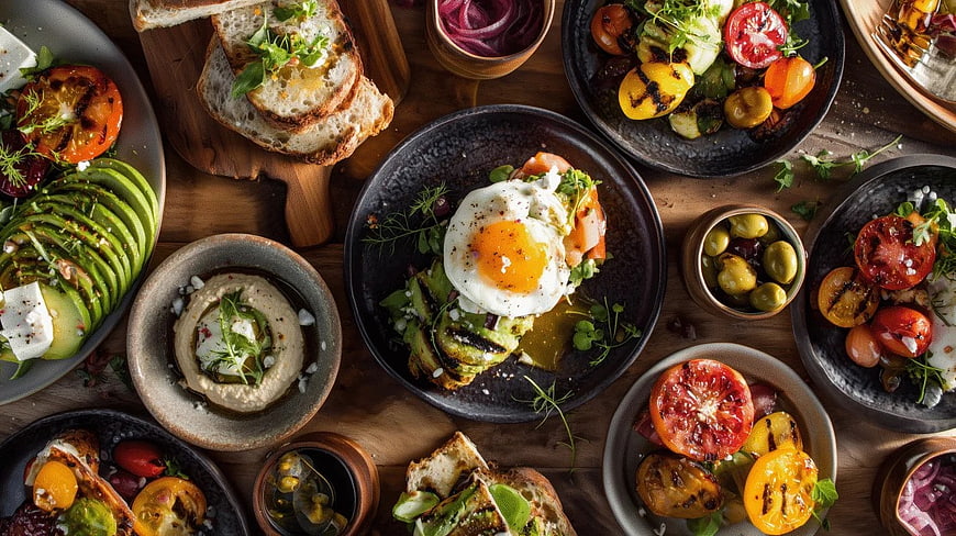 Overhead View of Gourmet Brunch Spread with Avocado Toast and Eggs