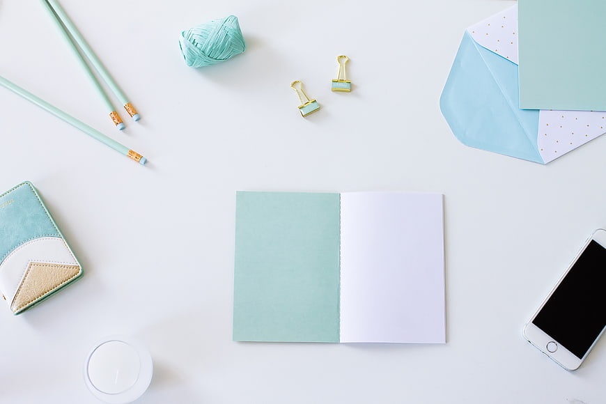 Mint Green Stationery Flat Lay with Notebook and Phone