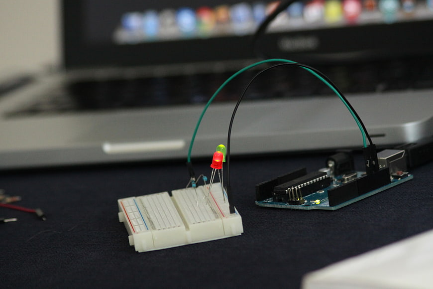 Arduino microcontroller circuit with LEDs on breadboard