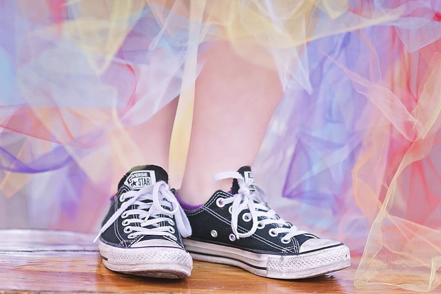 Black Converse sneakers with colorful pastel tulle tutu skirt