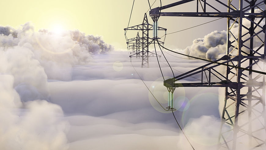 High Voltage Power Lines Above Clouds At Sunrise