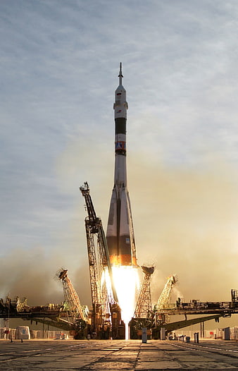 Soyuz Rocket Launching from Spaceport with Fire and Smoke