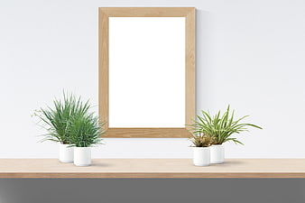 Minimalist Wooden Picture Frame Mockup with Plants