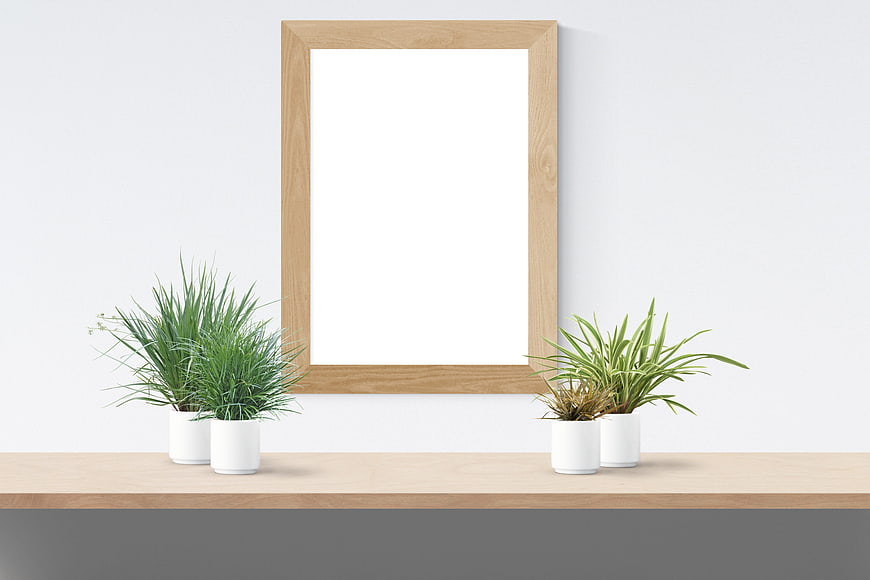 Minimalist Wooden Picture Frame Mockup with Plants