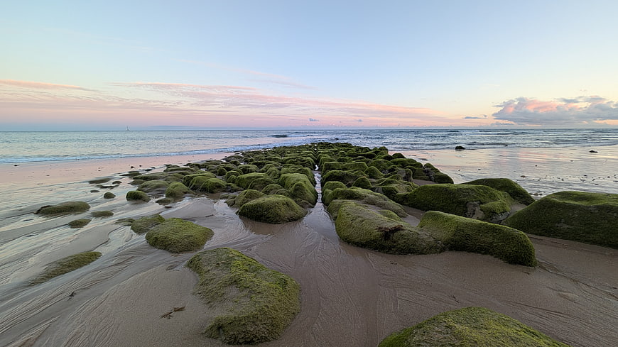 Mossy rocks on a sandy beach at sunset with calm ocean waves
