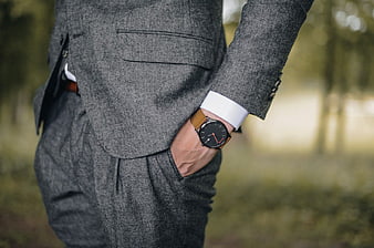 Man in Gray Suit with Leather Watch in Park