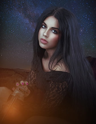 Mysterious Fantasy Portrait of Young Woman Under Starry Night Sky