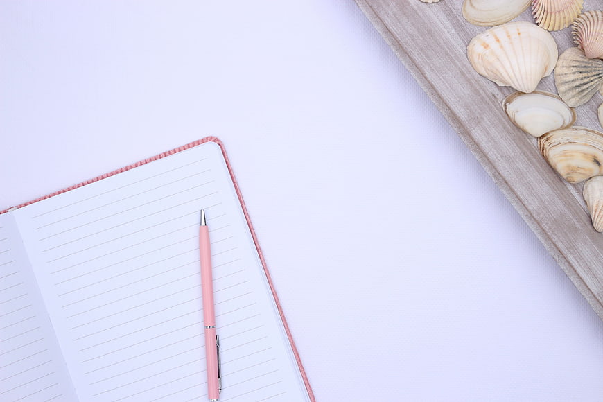 Minimalist pink notebook and pen with seashells on white background