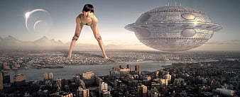 Surreal Giant Woman Standing On City With UFO Spaceship