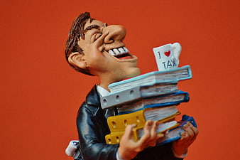 Laughing Tax Consultant Bobblehead with Files and Mug