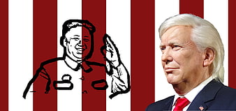 Political graphic of Donald Trump and Kim Jong Un against red and white stripes