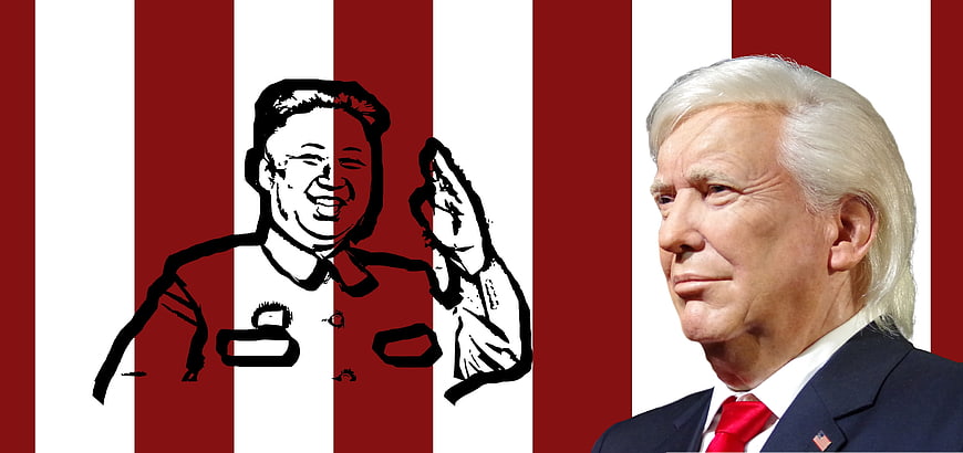 Political graphic of Donald Trump and Kim Jong Un against red and white stripes