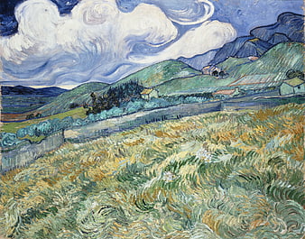 Van Gogh Landscape Painting with Rolling Hills and Dramatic Clouds