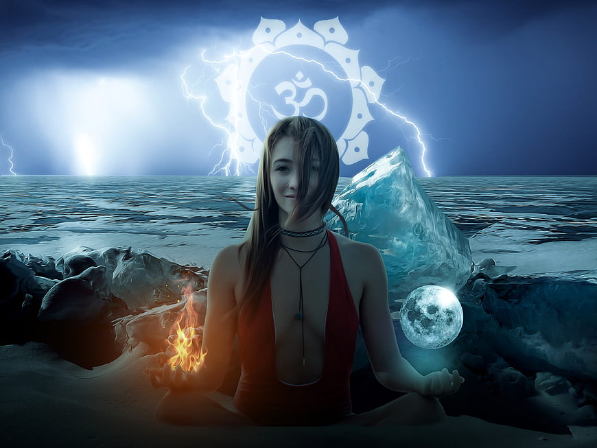 Woman meditating with fire and ice elements and Om symbol