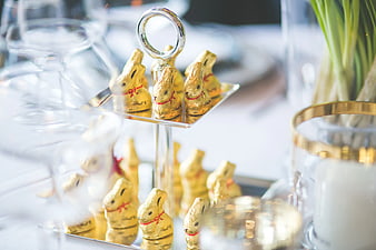 Golden Foil Chocolate Bunnies on Tiered Stand