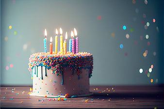 Colorful Birthday Cake with Lit Candles and Sprinkles