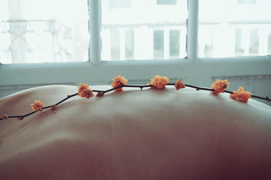 Orange flowers on bare back near window