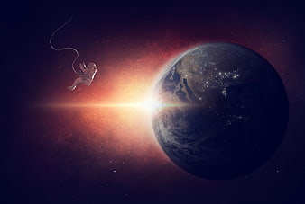 Astronaut Floating in Space Near Earth at Sunset