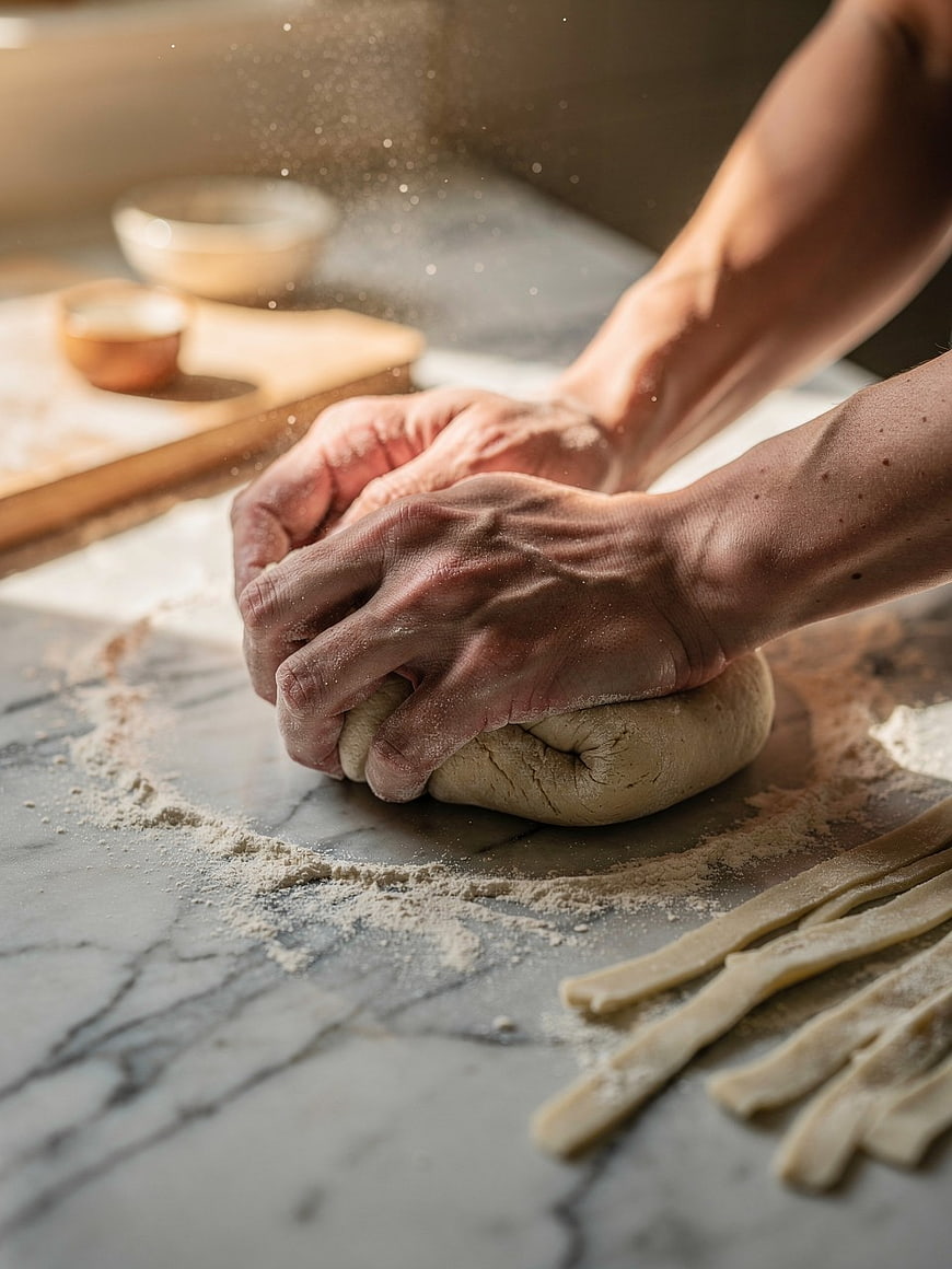 Hands kneading dough on marble countertop with flour