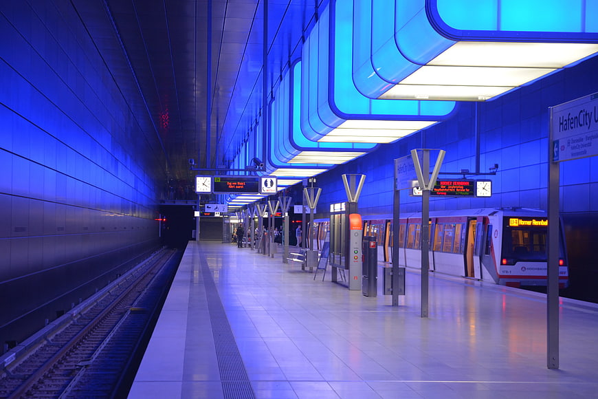Modern Blue Underground Subway Station with Train