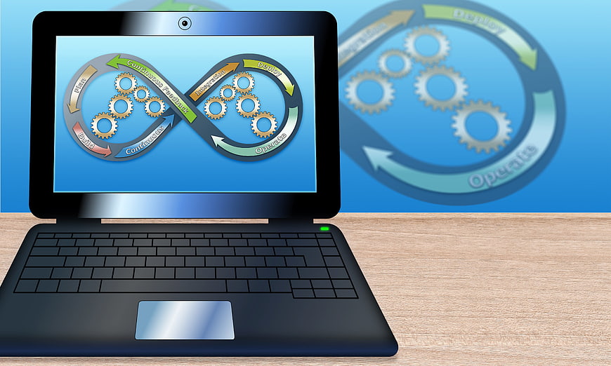 DevOps Concept Laptop Illustration With Infinity Loop And Gears
