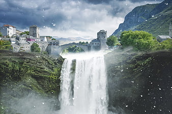 Surreal Fantasy Landscape With Waterfall, Stone Bridge, And Medieval Village