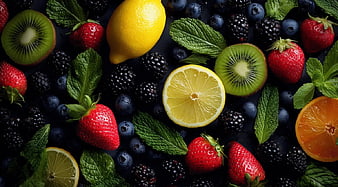 Top View of Fresh Mixed Berries, Citrus, and Mint