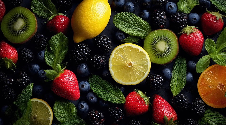Top View of Fresh Mixed Berries, Citrus, and Mint