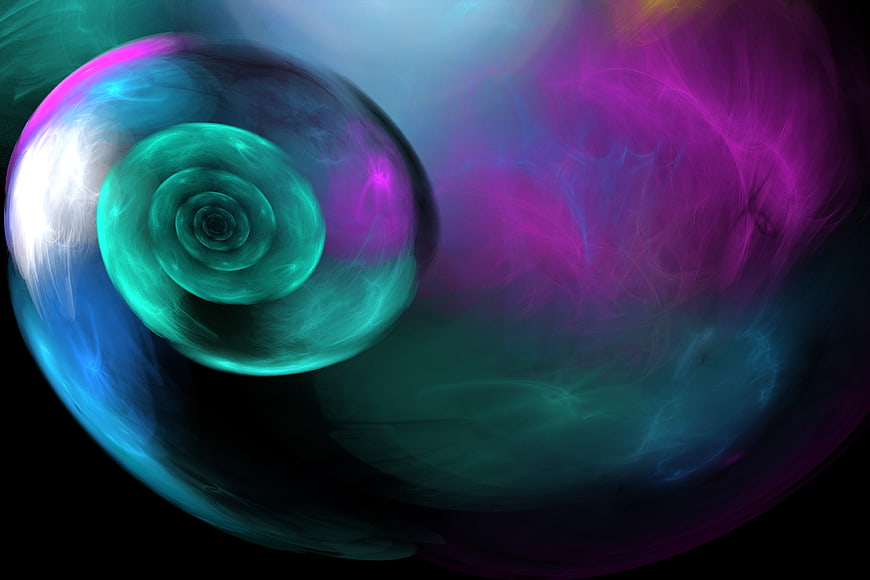Abstract fractal spiral with neon blue, purple, and pink colors