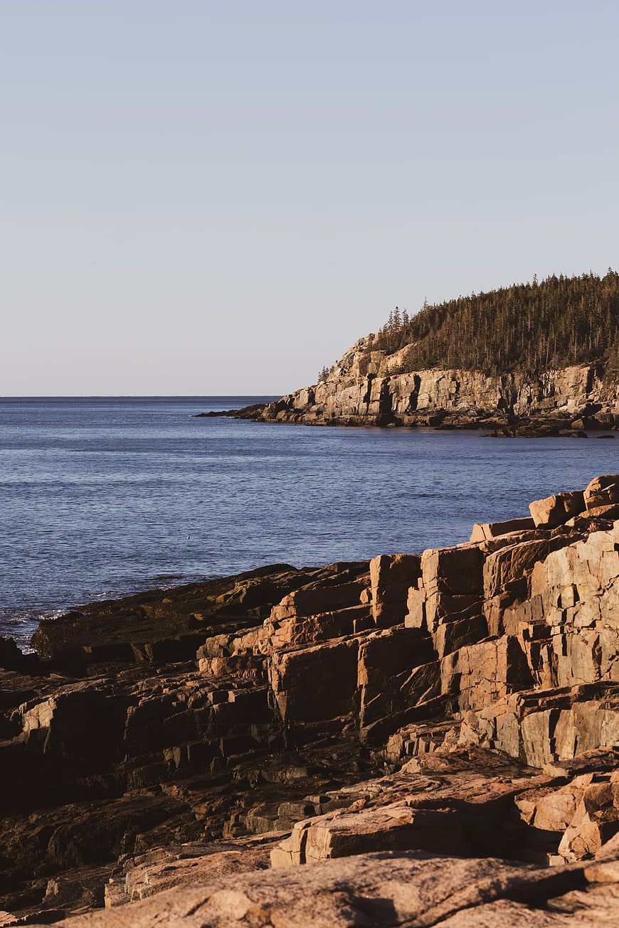 Sunlit Rocky Coastline with Forested Cliffs and Blue Ocean