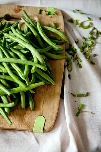 Fresh Green Beans on Wooden Cutting Board