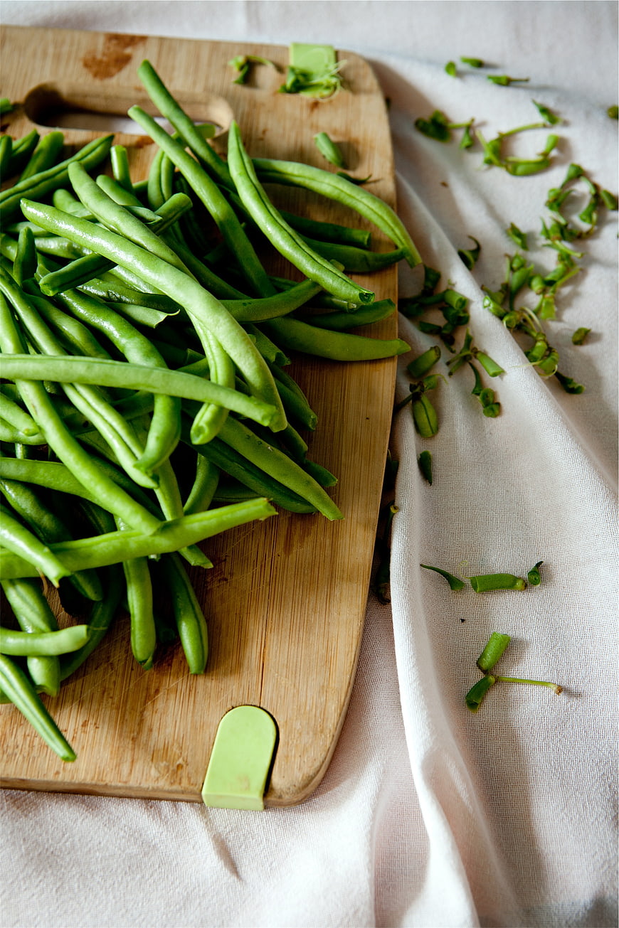 Fresh Green Beans on Wooden Cutting Board