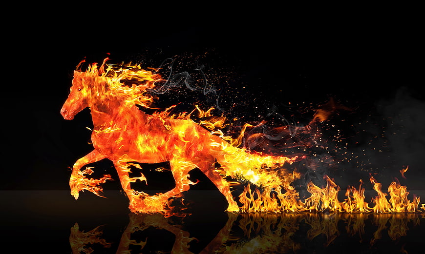 Fiery Horse Running with Flames and Sparks on Black Background