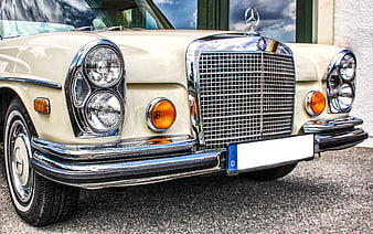 Front View Of Classic Cream Mercedes Benz W111 With Chrome Grille