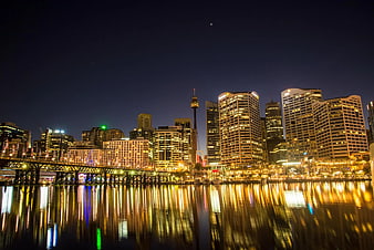 Sydney CBD Skyline at Night with Harbour Bridge Reflections