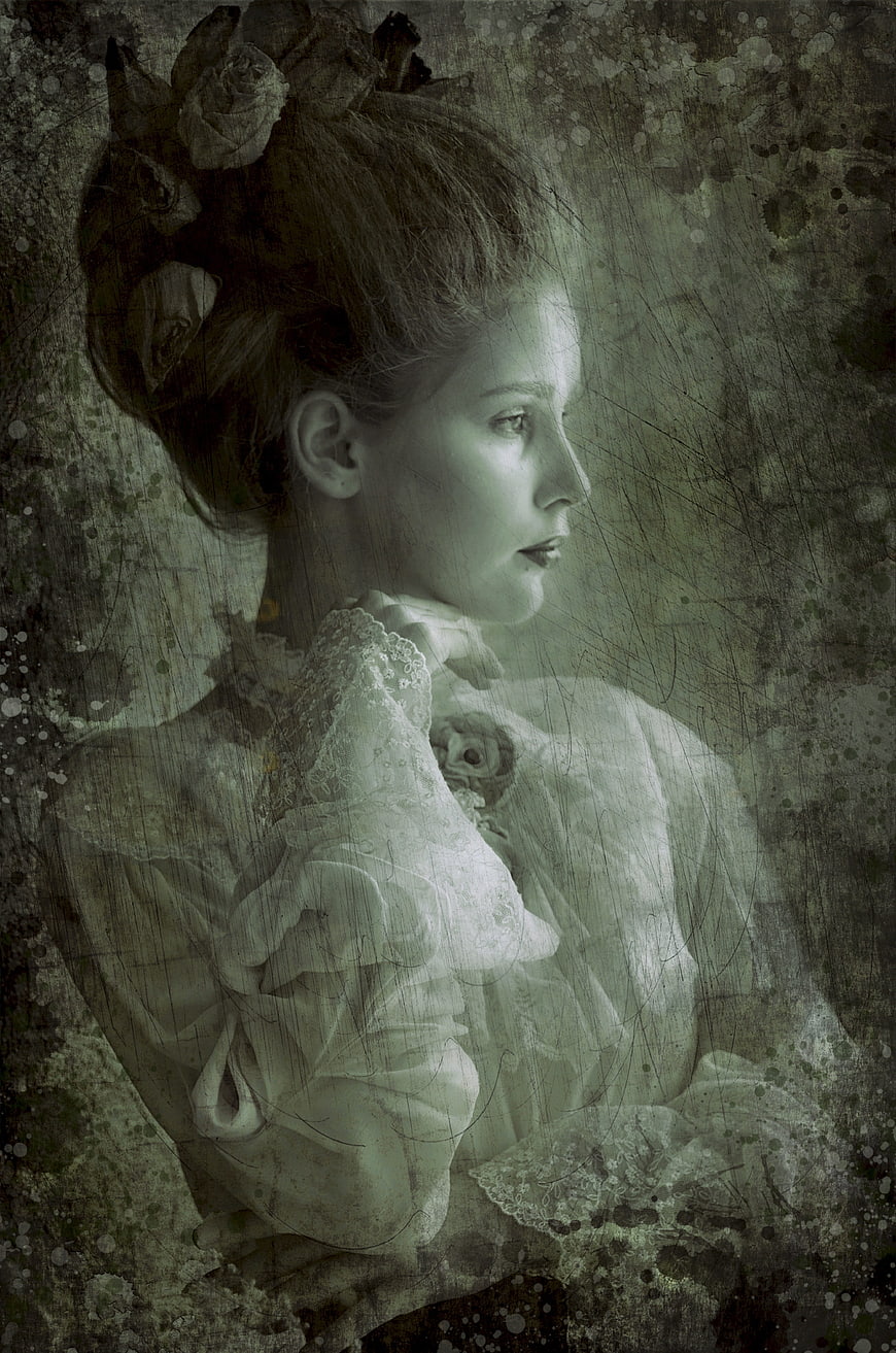 Mystical Vintage Portrait of Young Woman in Lace