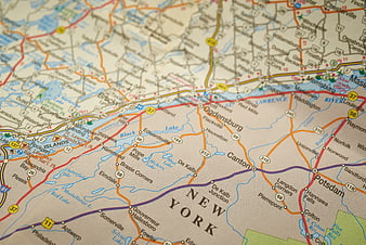 Close-up of vintage road map showing Ogdensburg and Canton, New York