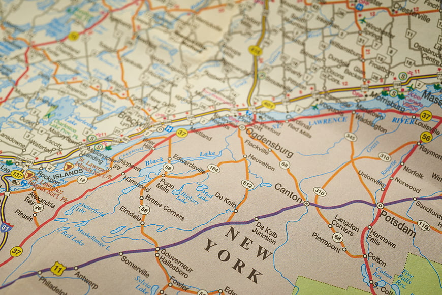Close-up of vintage road map showing Ogdensburg and Canton, New York
