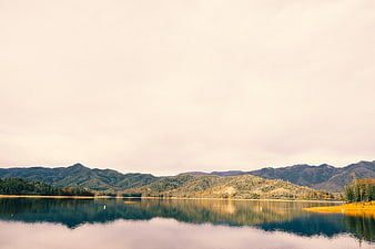 Serene Lake with Mountain Reflections and Autumn Foliage