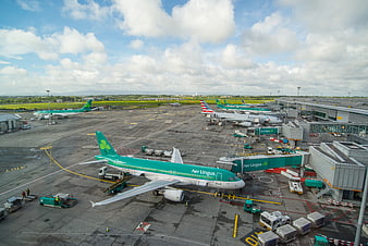 Aer Lingus airplane at Dublin Airport terminal gate