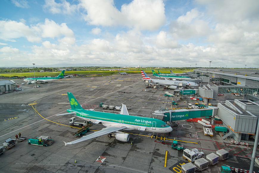 Aer Lingus airplane at Dublin Airport terminal gate
