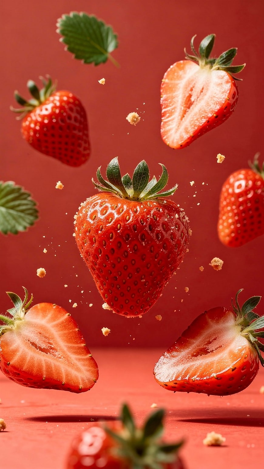 Fresh Strawberries Floating in Mid-Air with Sugar Crystals