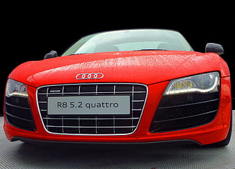 Front view of red Audi R8 5.2 quattro sports car