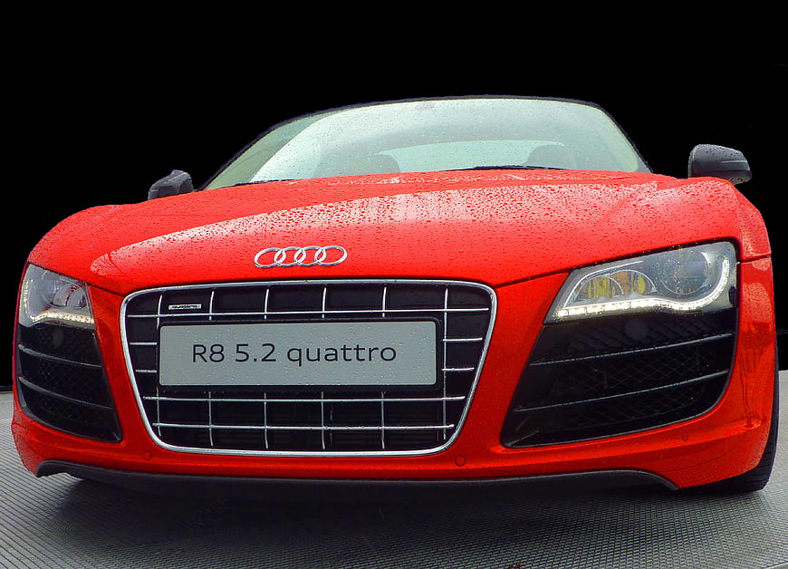 Front view of red Audi R8 5.2 quattro sports car